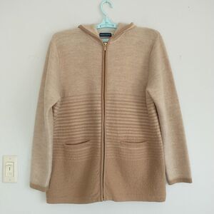 vtg Karen Scott Cardigan Sweater Women L Beige Striped Wool Zip Hooded Australia